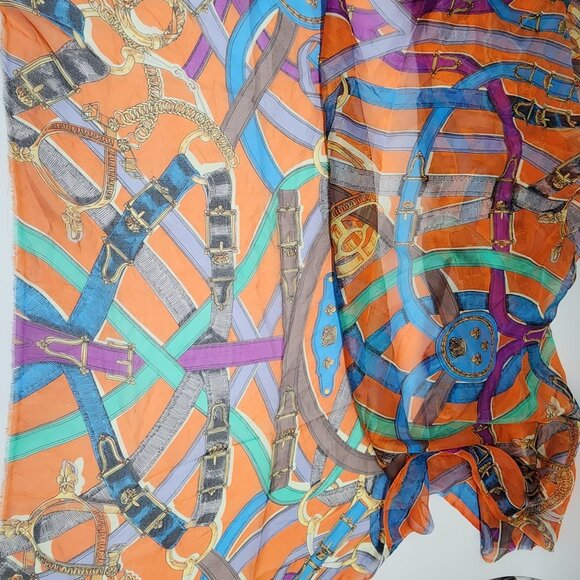 Vintage Sheer Fabric Orange With Belts Equestrian Design Royal 2 yds 53" - Picture 4 of 6